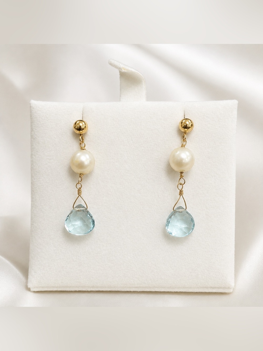 14K yellow Gold Freshwater Pearl & Blue Topaz Drop Earrings